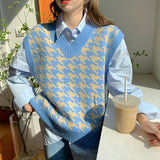 Kukombo Houndstooth Vest Sweater Women 2023 New Casual V Neck Sleeveless Jumper Knitted Korean Pullover Loose Female Tops