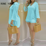 Kukombo Women Two Piec Set Solid Plain Bell Sleeve V-Neck Top & Shorts Set Outfit Summer suit