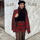 Kukombo Double Breasted Tweed Plaid Vintage Winter Blazer Shorts Sets Coat Red Checked Autumn Thick Two Pieces Suits Outfit