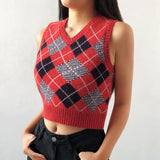 Christmas Gift HEYounGIRL V Neck Vintage Argyle Sweater Vest Women Black Sleeveless Plaid Knitted Crop Sweaters Casual Autumn Preppy Style