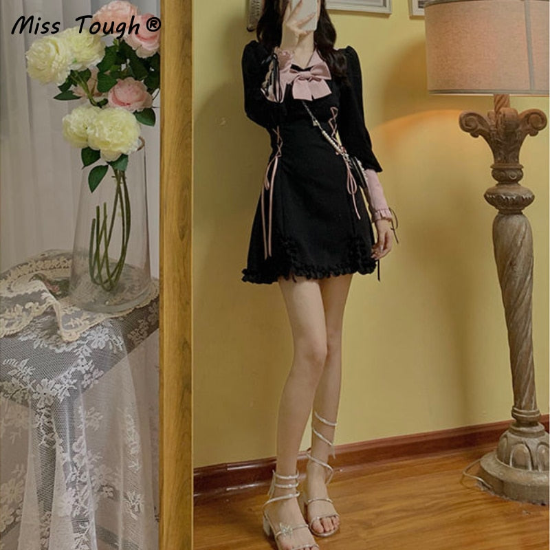 Kukombo Black Princess Elegant Dress Women High Waist Slim Kawaii Gothic Dress Autumn Long Sleeve Bow Designer Party Mini Sweet Dress K95