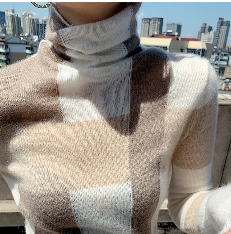 KukomboChristmas Gift New Cashmere Sweater Women's High-Neck Color Matching 100% Pure Wool Pullover Fashion Plus Size Warm Knitted Bottoming Shir-A