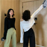 Kukombo Long Sleeve T-Shirts Women Crop Top Solid Thin Sun-Proof Korean Style Loose All-Match Teens Chic Ins Womens Trendy Ulzzang New
