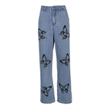 Kukombo Streetwear Print Straight Baggy Jeans Casual Vintage Long Denim Pants Ladies High Waist Jeans Mom Capri