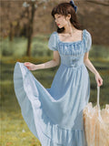 Kukombo Blue Gentle Romantic Fairy Dress Women Ruffled Square Collar Elegant High Waist Beaded Bow Sweet Cute Long Dress Summer 2022 New