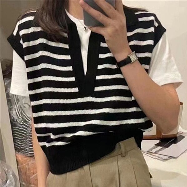 Christmas Gift 2022 New Spring Autumn Women Sweaters Pullovers Striped Sleeveless Knitted POLO Collar Wild Short Vests SWV3092JX