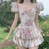 Kukombo Sexy Party Mini Dresses Ladies Cute Bodycon Kawaii Beach Vintage Dress Boho Print Puff Sleeve Club Outfits for Women Summer 2022
