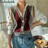 Kukombo  2022 New Autumn Winter Women Sweaters V-Neck Sleeveless Oversized Vintage Vest Argyle Waistcoat Lady Tops SWV1380JX