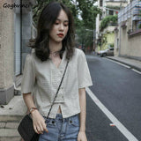 Kukombo Blouses Women Shirts V-Neck Plaid Summer Buttons Sweet Crop Top All-Match Slim Vintage Ulzzang Stylish Elegant Womens Leisure