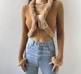 Kukombo Ribbed Split Lace Up White Long Sleeve Cropped Tshirt Top Autumn Sexy Casual V Neck Tee Shirt Women Feather Fashion K07