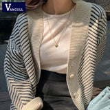 Christmas Gift 2021 Women's Knitwear Autumn Winter Striped V-Neck Cardigans Buttons Oversize Korean Style Lady Sweaters Vintage Tops