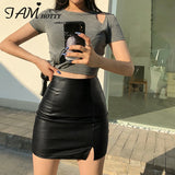 Kukombo Black Split Mini Black Leather Skirt Women Korean Fashion High-waisted Punk Style Bodycon Goth Sexy Skirts Female 2022