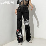 Kukombo Gothic Printed Jeans Casual Cool Streetwear Dark Loose Low Waisted Wid Leg Pants Women Fashion Trousers Autumn Winter
