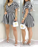 Kukombo Striped Colorblock Ruffles Shirt Dress Women Short Sleeve V Neck Mini Work Dres