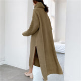 Kukombo Autumn Winter Thick Long Sweater Dress Women Side Slit Turtleneck Low-high Design Over Knee Plus Size Knitted Dress