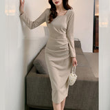Kukombo Women's Spring Autumn Elegant Party Midi Dress Slim Waist Solid Office Lady Vestidos Sexy Split Long Sleeve Bodycon Clothing