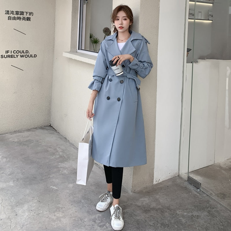 Christmas Gift Fashion New Double-Breasted Women Trench Coat Long Belted Slim Lady Duster Coat Cloak Female Outerwear Spring Autumn Clothes