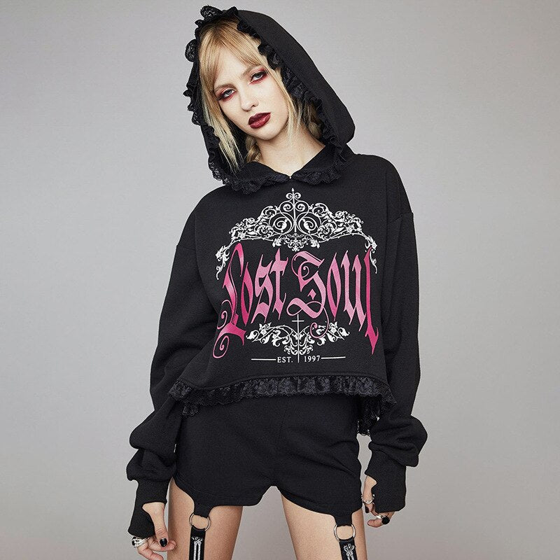 Thanksgiving Gift Dourbesty Women Goth Black Oversized Hoodie Tops Cropped Hip Hop Letter Sweatshirts With Lace-Up Harajuku Pullovers Streetwear