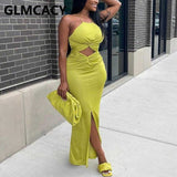 Kukombo Halter Cut Out Solid Maxi Dress Casual Slim Slit Evening Party Club Dress