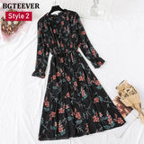 Christmas Gift BGTEEVER Spring Stand Collar Floral Print Women Dress Lace Up Female Pleated Dress Summer Party Midi Chiffon Vestidos femme 2021