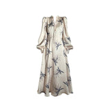 Kukombo  Early Autumn Women's Floral Print Satin Dress Deep V Long Sleeve Single Breasted High Waist Back Hollow Out Lady Loose Robe