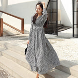 Christmas Gift BGTEEVER Vintage Single-breasted V-neck Floral A-line Women Dress 2021 Autumn Full Sleeve Slim Elastic Waist Midi Female Dress