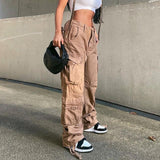 Kukombo Light Brown Big Pockets Casual Cargo Pants Women Low Waist Wide Leg Baggy Denim Trousers Vintage Oversized Jeans Street
