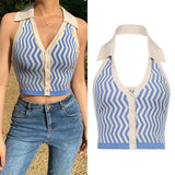 Kukombo Streetwear Fashion Striped Halter Knitted Vest For Women Sexy Backless Slim Outfits Female Tank Tops Autumn Ladies
