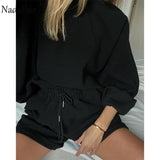 Nadafair 2020 Autumn Crewneck Sweatshirt Women Loose Casual Solid Oversized Hoodies Street Winter Clothes Pullover