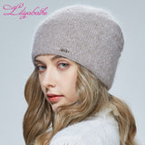 Christmas Gift Women hat  Knitted double layer for warmth Angora wool Front diamond decoration For girl Three-dimensional sewing