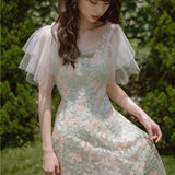 Kukombo Summer Floral Dress Women Elegant Vintage Retro Fairy Dress Casual Slim Fit Embroidered Lace Korean Sweet Dress Women 2023 New