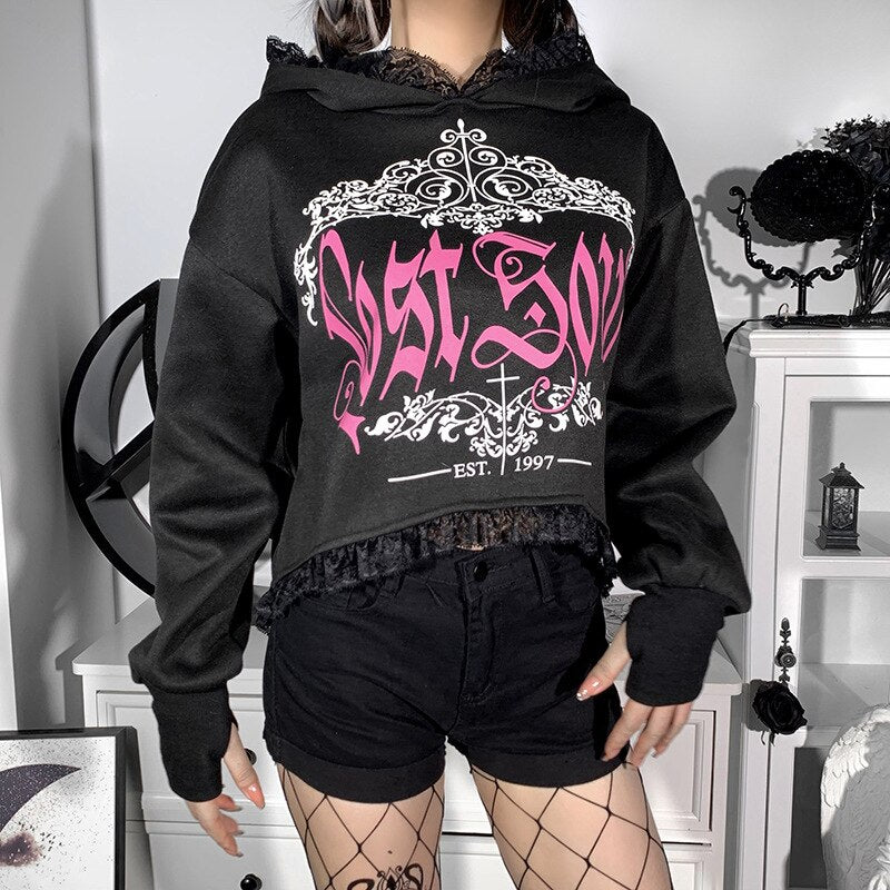 Thanksgiving Gift Dourbesty Women Goth Black Oversized Hoodie Tops Cropped Hip Hop Letter Sweatshirts With Lace-Up Harajuku Pullovers Streetwear