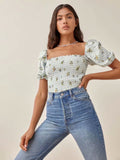 Kukombo Sexy Camis Square Collar Women Summer Top Fashion Elastic Crop Top Vintage Floral Print Blue Tank Top