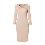 Christmas Gift Yiyiyouni Autumn V-Neck Knitted Bodycon Dress Women Knee-Length Wrapped Sheath Long Sweater Dress Female Solid Vestido Feminino