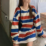 Christmas Gift Loose Stripe O-neck T-shirt Woman's Korea Oversized Long Sleeve Tops Woman Casual 2XL Long T-shirts Harajuku Women Summer 2021