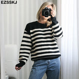 Christmas Gift Cashmere thick stirped oversize Sweater Pullovers Women Casual o-neck lantern Sleeve Sweater puff sleeve big size sweater