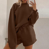 Kukombo  Women Solid Tracksuits Casual Long Sleeve Pullover Sweatshirt And Drawstring Shorts Suits Fashion Loose Female Two Piece Sets