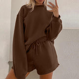 Kukombo Women Solid Tracksuits Casual Long Sleeve Pullover Sweatshirt And Drawstring Shorts Suits Fashion Loose Female Two Piece Sets