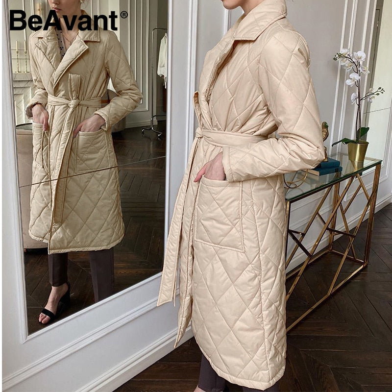 Kukombo Long straight coat with rhombus pattern Casual sashes women winter parka Deep pockets tailored collar stylish outerwear