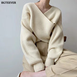 Christmas Gift BGTEEVER Fashion V-neck Cross Women's Sweater Jumpers Streetwear Loose Knitwear Autumn Winter Solid Female Knitted Pullovers