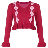 Christmas Gift HEYounGIRL Argyle Knitted Cardigan Women Autumn Plaid Ruffle Crop Top Sweater Ladies Fashion V Neck Vintage Jumper Female