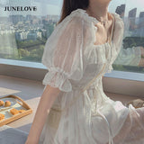 Kukombo French Summer Dress Women White Puff Sleeve Korean Style Fairy Dress Lace Chiffon Kawaii Elegant Vintage Dress Vestidos K72