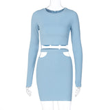 Kukombo ribbed hollow out women 2 piece set crop top long sleeve button mini skirt bodycon sexy streetwear spring autumn co ords