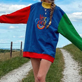 Rainbow Letter Print Oversize Hoodies Women Color Patchwork Long Sleeve Pullove Streetwear Autumn Aesthetic Sweatshirt