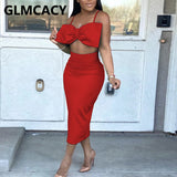 Kukombo Two Piece Elegant Dress Suits Spaghetti Strap Crop Top & Bodycon Midi Skirt Set