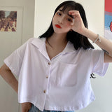 Kukombo Shirts Women Crop Top Pocket Solid Summer New Designed Korean Style Loose Slim Breathable All-Match Trendy Students Preppy Chic