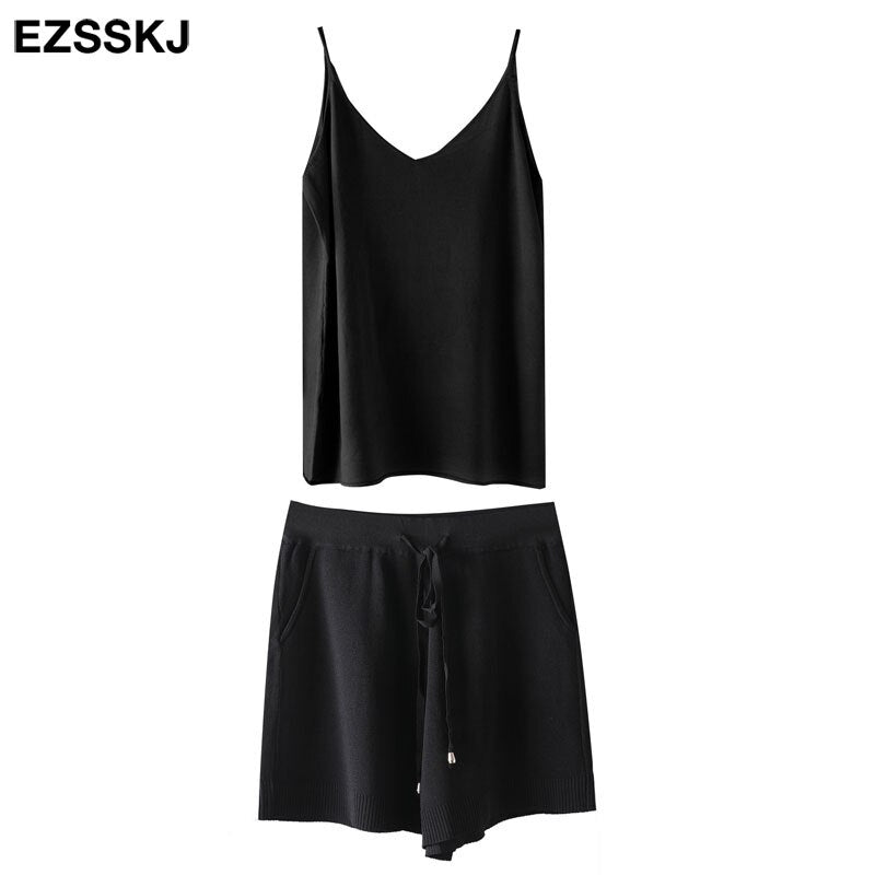Christmas Gift 2021 casual oversize Knitted Tracksuit  women knit camisole +shorts 2 Pieces knit Set female chic loose t-shirt + shorts suits