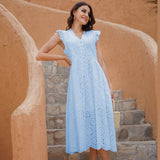 Christmas Gift Marwin Long Simple Casual Solid Hollow Out Pure Cotton Holiday Style High Waist Fashion Mid-Calf Summer Dresses NEW Vestidos