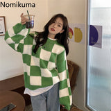 Kukombo Vintage Plaid Sweater Women Loose Long Sleeve Knitted Tops O Neck Korean Fashion Chic Pullover Jumpers Sueter Mujer