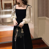 Graduation Gift Big Sale 2023 Spring Black Velvet Dress Women Square Collar Vintage One Piece Dress Korean Office Lady Elegant Midi Dress Party Evening